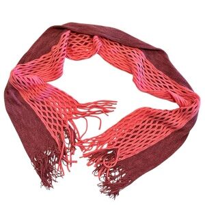 Pink and Burgundy Open Knit Scarf with Fringe Ends